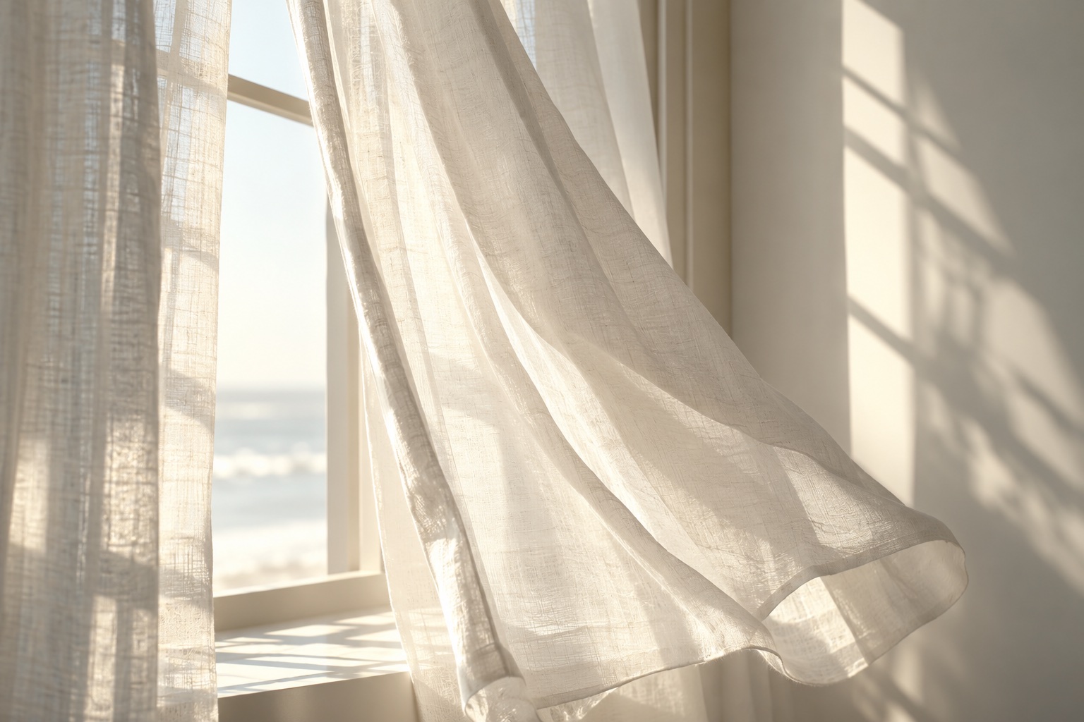 Illustrative sunlight and a sheer curtain lifted by a breeze
